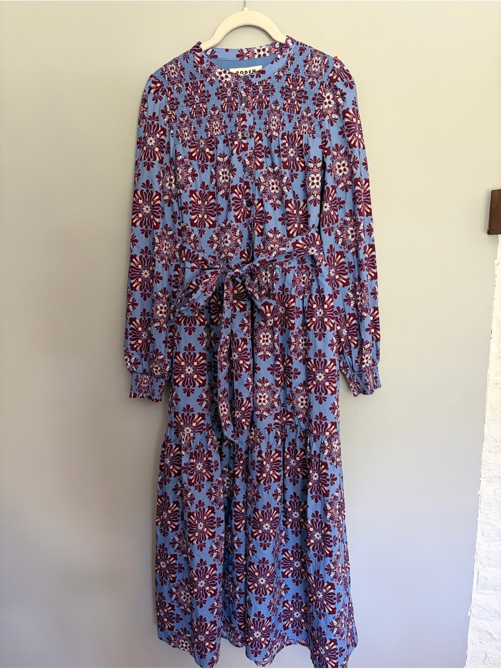 Boden Cecily Cotton Midi Dress Size 6R Blue Maroon Floral Smocked Yoke Prairie